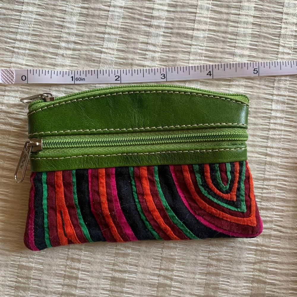 Handmade Mola Textile Green Leather Coin Purse Dual Zip Small Wallet Pouch